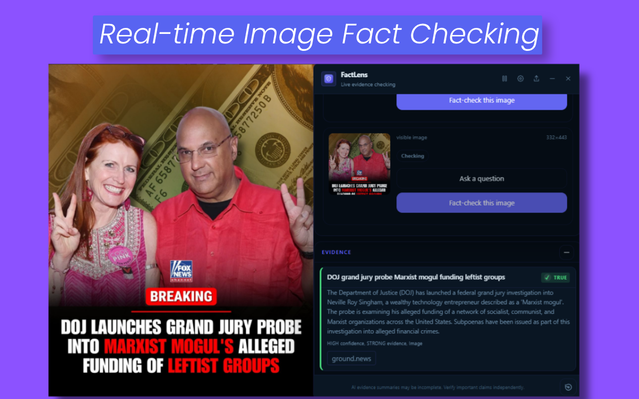 FactLens real-time image fact checking preview